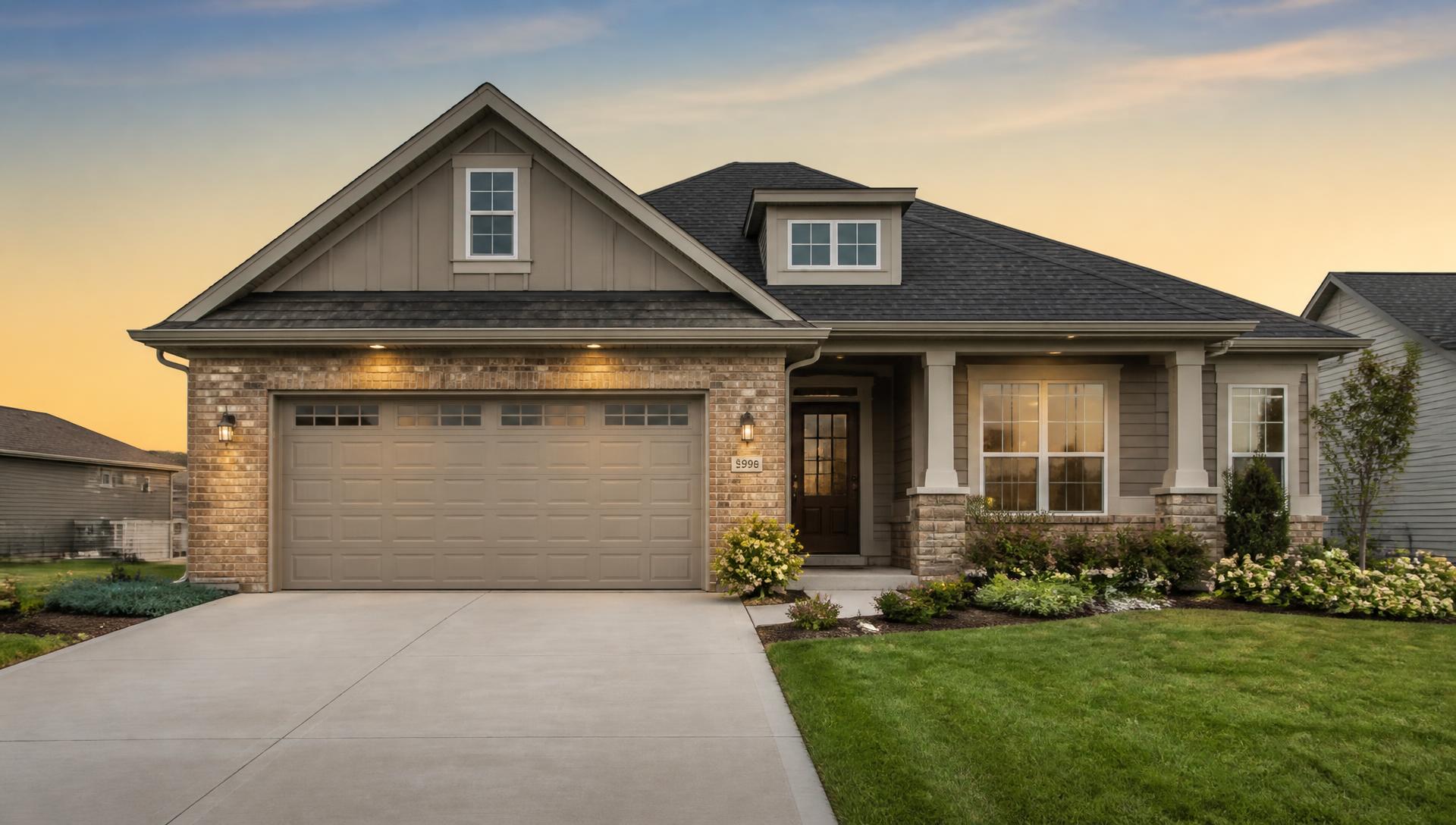 Modern suburban home with a two-car garage door at sunset