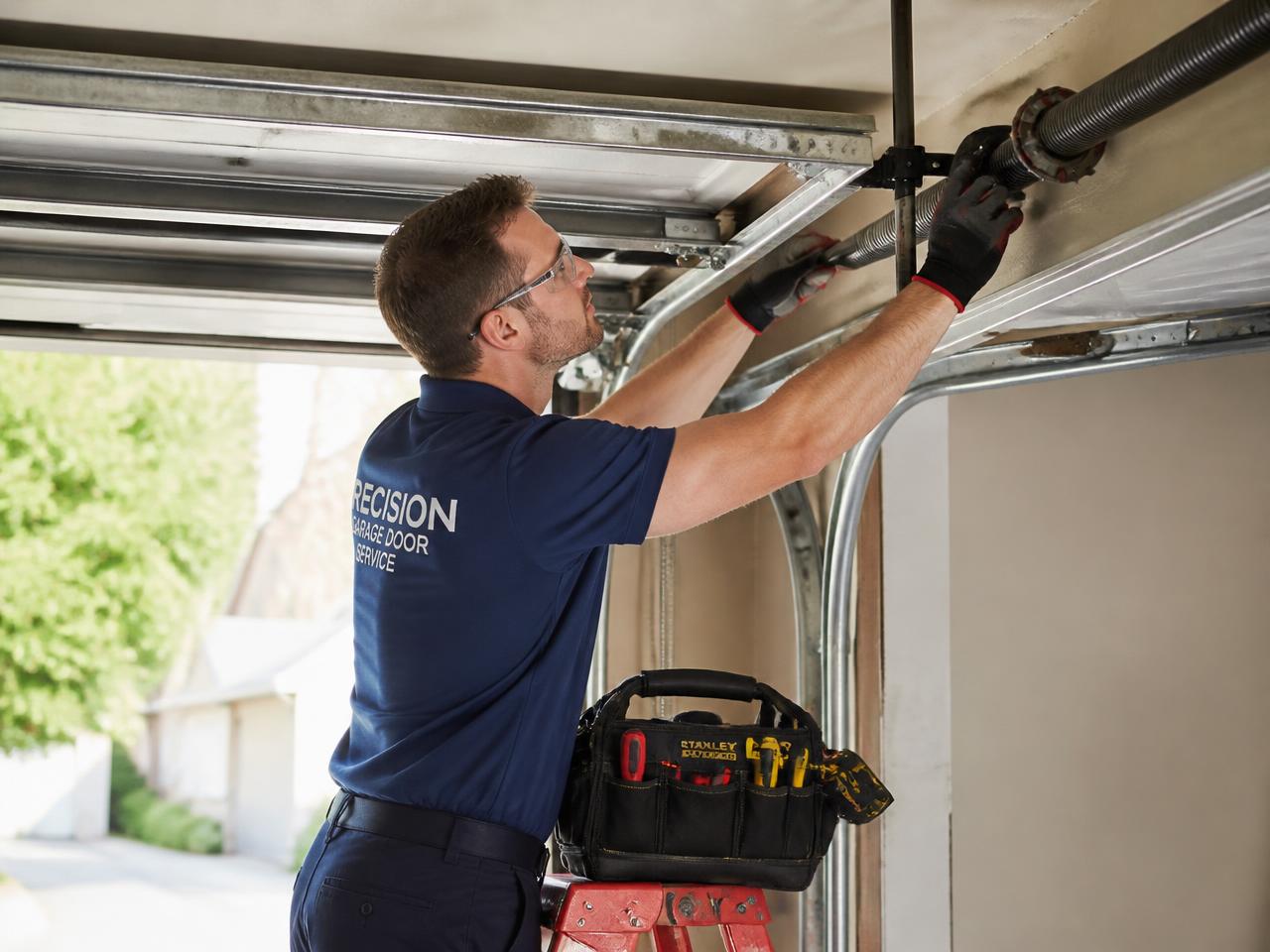 Licensed technician repairing a garage door spring